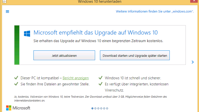 Windows 10 Upgrade Meldung